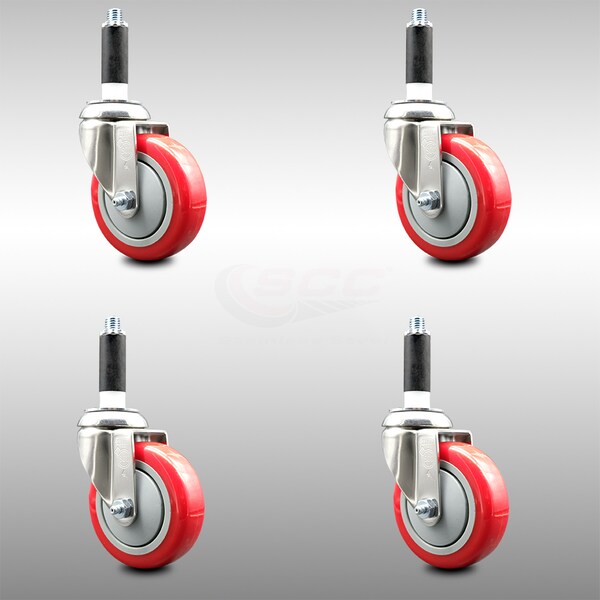 Service Caster 4 Inch 316SS Red Polyurethane Swivel 7/8 Inch Expanding Stem Caster Set SCC SCC-SS316EX20S414-PPUB-RED-78-4 - main